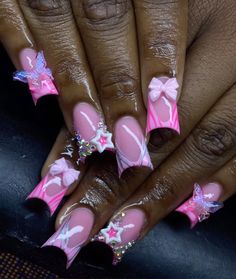 Pink And White Duck Nails, Cute Y2k Duck Nails, Brown And Pink Duck Nails, Pink Duck Nails With Charms, Duckies Nails Y2k, Girls Nail Designs, Junk Nails, Hard Nails, Duck Nails