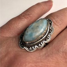 Stunning 925 Sterling Silver Ring Size 8 30 Carats Of Larimar Stones Larimar Stone, Necklace Ring, Original Jewelry, Womens Jewelry Rings, Ring Bracelet, Statement Jewelry, 925 Sterling Silver Ring, Blue And Silver, Sterling Silver Ring