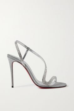 Christian Louboutin's 'Rosalie Strass' sandals are designed with wavy foot-framing straps embellished with dozens of light-reflecting crystals. They're made from silver glittered leather for added sparkle and have signature 'red bottom' soles. The 100mm heels will add height to gowns and pants alike. Red Bottom Heels, Christian Louboutin Sandals, Pretty Shoes Sneakers, Embellished Shoes, Christian Louboutin Women, Sparkly Heels, Louboutin Heels, Christian Louboutin Heels, Silver Heels