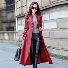 Red Trench Coat Women High Fashion Winter Long Coat Leather Trench Coat Woman, Leather Coat Womens, Overcoat Jacket, Red Trench Coat, Long Leather Coat, Leather Jacket Style, Long Winter Coats, Long Coat Women, Leather Trench