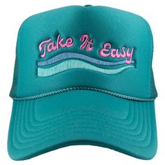 Foam Trucker Hats Made In America: Cobalt Blue Star Eyed Happy Face: Cobalt Blue Take It Easy: Deep teal SIZE: One Size Fits Most 65% cotton, 35% polyester Machine wash delicate or hand wash Adjustable back Mesh netting Snapback closure Pink Trucker Hat, Embroidered Text, Blue Lightning, Star Eyes, Lake Boat, Mom Hats, Trendy Hat, Mesh Netting, Stylish Hats