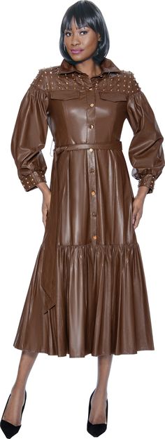 Terramina 7082 1 piece Lantern Sleeve Leather Maxi Dress Colors: Black, Brown, Green Sizes: 8, 10, 12, 14, 16, 18, 20, 22, 24 Chic Belted Dress For Fall, Fall Midi Dress Belted For Dress Down Occasions, Fall Midi Dress Belted For Casual Wear, Fall Belted Midi Dress For Casual Wear, Formal Brown Belted Dress, Belted Midi Length Dresses For Fall, Belted Midi Dress For Fall, Chic Brown Maxi Dress For Fall, Fitted Belted Maxi Dress For Fall