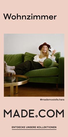 a woman sitting on top of a green couch in front of a pink background with the words made com