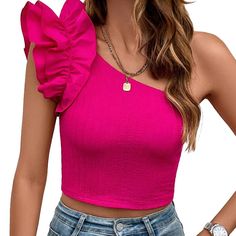 New With Tags (Nwt) - Size S (Will Fit Xs) Introducing The New With Tags (Nwt) Bright Pink One-Shoulder Ruffle Trim Crop Top In Size Small, A Stunning Addition To Your Fashion-Forward Wardrobe. This Top Combines A Vibrant Hue With A Trendy Design, Perfect For Making A Statement At Any Event. Key Features: Eye-Catching Bright Pink Shade: Dazzle In This Beautifully Bold Bright Pink Color That's Sure To Stand Out. Chic One-Shoulder Cut: The Stylish One-Shoulder Design Offers A Modern And Elegant Lo Pink Top Outfit, 2piece Outfits, Hot Pink Tops, Trendy Fashion Tops, Top Crop, One Shoulder Tops, Cropped Style, Women Tops, Shirt Pattern