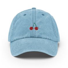 Unisex vintage style cotton cap with embroidered cherries The cap is unstructured with a curved visor and an adjustable strap. Faded fabric and comfortable fit. Free shipping worldwide Shipping in Europe from Latvia/Spain Shipping in North America from USA/Mexico Shipping from Europe * Suitable for head circumference of 53 - 59 cm * 100% brushed washed cotton * 6-panel, unstructured, low-profile * Vintage style * Pre-curved shade * Quilted ventilation eyelets * Contrasting strap with brass effec Embroidered Cherries, Distressed Baseball Cap, Color Wave, Hat Baseball, Head Circumference, Light Denim, Dad Hat, Vintage Stil, Trucker Cap