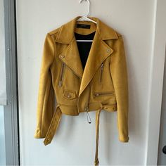 Mustard Yellow Suede Biker Jacket Never Worn Super Comfortable And Moveable Silver Hardware Tts Zara Biker Jacket With Long Sleeves For Winter, Zara Biker Outerwear For Fall, Zara Biker Outerwear For Spring, Zara Long Sleeve Biker Jacket For Winter, Zara Moto Outerwear With Zipper Closure, Zara Moto Long Sleeve Outerwear, Zara Moto Style Long Sleeve Outerwear, Spring Zara Moto Biker Jacket, Zara Fitted Biker Jacket