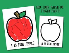 an apple and a torn piece of paper with the words, a is for apple