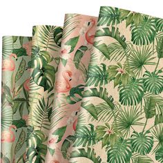 three different types of fabric with tropical leaves and flamingos on them, all in pink