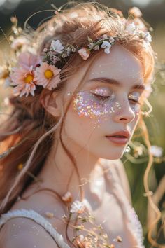 63+ Festival Hair Ideas To Help You Party Fairy Witch Photoshoot, Floral Fairy Costume, Fairy Witch Makeup, Adult Fairy Costume Ideas, Pink Ethereal Makeup, Fairy Dress Up, Cute Foto Ideas, Whimsical Makeup Fairies, Fairy Garden Makeup