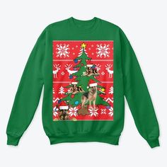 a green christmas sweater with an image of a german shepherd dog on it's back