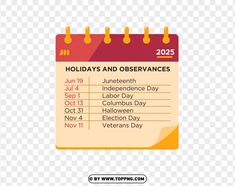 a calendar with the holidays and observants dates on it, transparent background