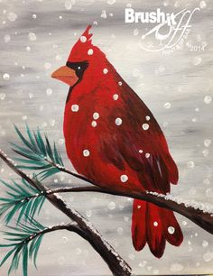 a painting of a red cardinal perched on a branch in the snow with pine needles