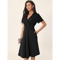 This dress will flatter any body shape, making it a timeless addition to any wardrobe. Its classic design and effortless style make it an essential piece for any fashionista. The casual wrap v-neck and puff sleeve dress has a chic and understated design that makes it easy to accessorize with your favorite shoes. This casual knee-length dress suits an important event, such as a wedding, holiday, party, Valentine's Day, or any special occasion. Elegant Solid Color Dress With Surplice Neckline, Elegant Surplice Neckline Dress In Solid Color, Elegant Dress With Surplice Neckline In Solid Color, Elegant Dress With Solid Color And Surplice Neckline, Fitted V-neck Plain Midi Dress, Chic Solid Midi Dress With Surplice Neckline, Chic Midi Dress With Surplice Neckline, Chic Plain Midi Dress, Chic Short Sleeve Plain Dresses