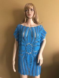 "Handmade crochet lace tunic, made from 62% cotton and 38% rayon yarn. Size Large. Bust 50\". Back and front look the same." Lace Poncho, Lace Tunic, Crochet Shawl, Womens Tunics, Crochet Lace, Handmade Crochet, Tunics, Womens Clothing Tops, Crochet Top