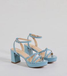 Flirty fun meets sophistication in these patent block heels that dare to steal the show! Featuring an almond toe, strappy design, and platform sole, these heels add stylish height. The dual ankle straps and buckle closure provide a secure fit while the cushions at the ball of the foot ensure comfort. Blue Heels Aesthetic, Beachy Heels, Hoco Shoes, Bridesmaids Heels, Normcore Fashion, Homecoming Shoes, Heels Aesthetic, Purple Bridesmaid Dresses, Platform Block Heels