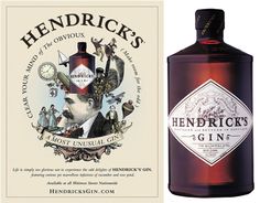 a bottle of hendrick's gin next to an advertisement for its product