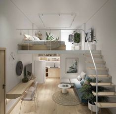 a living room filled with furniture next to a staircase leading up to a loft bed