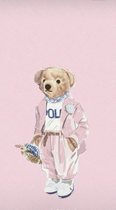 a painting of a teddy bear dressed in pajamas and holding a hat with the word polo on it