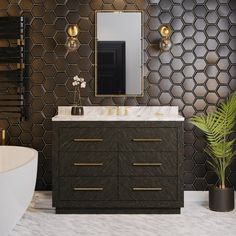 a modern bathroom with black and gold wallpaper