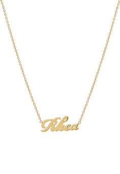 14k gold script name necklace, gold name necklace Elegant Custom Name Initial Nameplate Necklace, Elegant Nameplate Initial Necklace, Classic Name Necklace With Delicate Chain For Anniversary, Classic Anniversary Name Necklace With Delicate Chain, Signature 14k Gold Name Necklace, Elegant Yellow Gold Name Charm Necklaces, Elegant Yellow Gold Name Charm Necklace, Elegant Nameplate Charm Necklace, Elegant Engraved Nameplate Initial Necklace