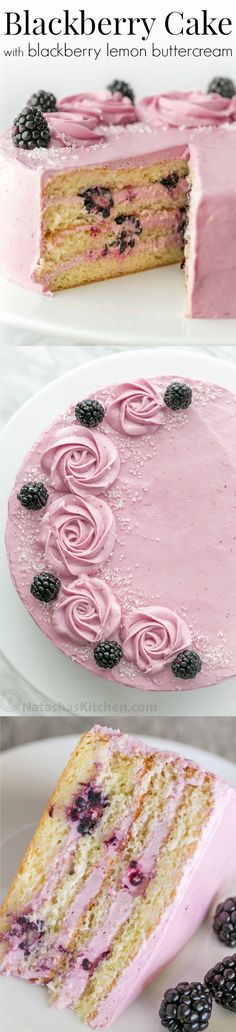 a cake with blueberries on top is shown in three different photos and has the same frosting