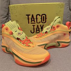 New Air Jordan 36 Nitro Tatum “Taco Jay” Citron Pulse/Black Mens Size 9 Women’s Size 10.5 Playful Graphics Are Sure To Make Others Salivate. And Finishing The Delivery, "Taco Jay" On The Insole And Pull Tabs Adds The Final Stamp Of Approval To This Legendary Look That Bridges Fiery Tunnel Style With Performance Tech. Nike Air Presto Men, Jordan 36, Nike Shox Turbo, Playful Graphics, Black Shoes Sneakers, Kd Sneakers, Mens Football Cleats, Stamp Of Approval, Black Athletic Shoes