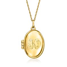 Ross-Simons - Single-Initial - 14kt Yellow Gold Oval Locket Necklace. 20". This charming locket necklace will hold your something special nice and close, so you never have to go long without it again. The oval pendant glows bright in polished 14kt yellow gold, and can be personalized with a FREE engraving of a single initial in your choice of block or script type. Fits a 3/8" x 9/16" photo inside. Suspends from a rope chain. Springring clasp, 14kt yellow gold oval locket necklace. Gold Oval Locket, Oval Yellow Gold Locket Necklace For Personalized Gift, Personalized Oval Yellow Gold Locket Necklace, Oval Gold Locket Necklace For Personalized Gift, Gold Oval Locket Necklace For Personalized Gift, Classic Oval Locket Necklace Stamped 14k, Classic Oval Personalized Locket Necklace, Oval Link Locket Necklace For Anniversary, Personalized Oval Locket Necklace In Yellow Gold