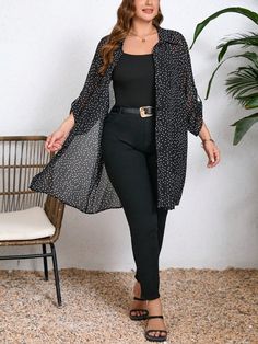 Plus Size Chiffon Printed Open-Front Long Shirt Fall Women Clothes Black and White Casual  Long Sleeve Woven Fabric Geometric,Polka Dot,All Over Print Shirt Non-Stretch  Women Plus Clothing, size features are:Bust: ,Length: ,Sleeve Length: Classy Plus Size Fashion, Streetwear Fashion Women Plus Size, Plus Size Fall Outfits Big Stomach, Plus Size French Style, Elegant Office Wear, Mom Outfits Fall, Work Outfits Frauen, Chaleco Casual, Plus Zise