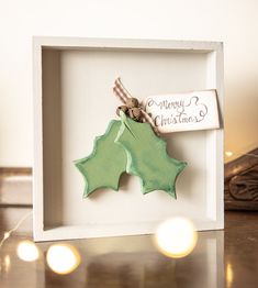 a christmas ornament in a white box with a green leaf hanging from it's side