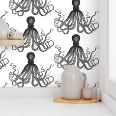 an octopus wallpaper with black and white designs