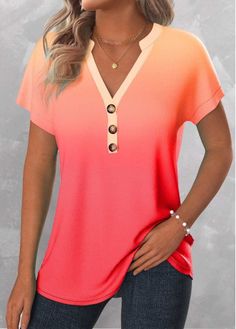 Color:Peach Red;Size:S;Size:M;Size:L;Size:XL;Size:XXL;Package Contents:1 X T Shirt;Occasion:Other;Style:Casual; Summer V-neck T-shirt With Button Closure, V-neck T-shirt With Button Closure For Summer, Orange V-neck Summer Shirt, Orange V-neck Shirt For Summer, Summer Orange V-neck Shirt, Summer V-neck T-shirt With Buttons, Trendy Summer T-shirt With Button Closure, Orange V-neck T-shirt For Summer, Spring V-neck T-shirt With Button Closure