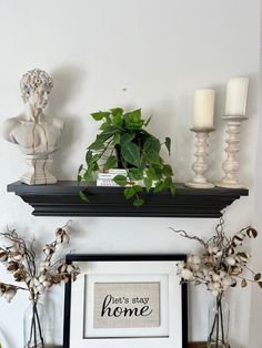 a shelf that has some plants on top of it and candles in vases next to it