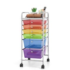 a multicolored rolling cart with five drawers