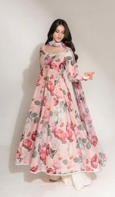 Organza Kameez Designs, Long Silk Frock Designs, Floral Gowns Long Casual, Organza Frocks Long, Organza Floral Long Frocks, Organza Frock Design, Silk Frock Design, Organza Long Frocks, Organza Anarkali Dress