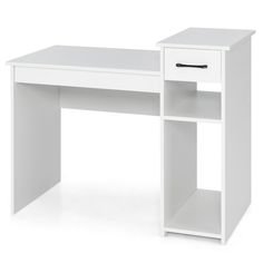 a white desk with an open shelf underneath it and a black pen on top of it