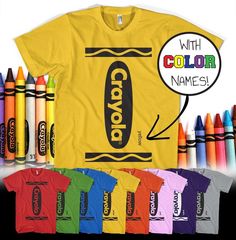 an image of crayons t - shirt with color names on it in front of colored crayons