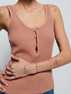 A textured tank with a chic gold button placket. Just in case your summer rotation is missing an elevated essential… (This one comes in Mocha Mousse.) | Women's Melody Tank Top in Mocha Mousse | Ethical Essentials Chic Brown Tank Top For Everyday, Chic Everyday Brown Tank Top, Chic Brown Everyday Tank Top, Mocha Mousse, Gold Buttons, Button Placket, Mocha, Just In Case, Mousse