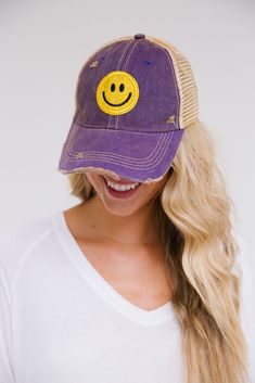 GOLD SMILEY PATCH HAT HAT Judith March Trendy Gold Baseball Cap With Curved Brim, Trendy Adjustable Gold Baseball Cap, Trendy Gold Cap, Adjustable Baseball Cap With Smiley Face, Trendy Gold Snapback Hat, Trendy Gold Snapback Baseball Cap, Trendy Adjustable Purple Baseball Cap, Trendy Purple Adjustable Baseball Cap, Trendy Yellow Snapback Baseball Cap