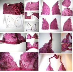 several pictures of different types of bras with lace on the top and bottom, along with instructions for how to sew them