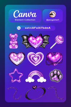 a purple background with hearts, stars and other items in the shape of heart shapes