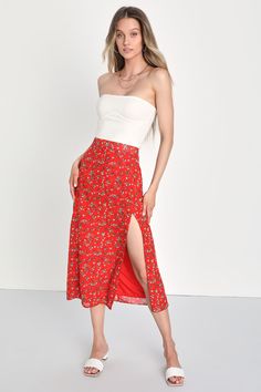 Cute Red Skirt - Ditsy Floral Skirt - A-Line Midi Skirt - Lulus Lulu Skirt, White Tube Top, Midi Skirt Outfit, Red Floral Print, Lulu Fashion, Ditsy Floral Print, Mid Length Skirts, Red Skirts, Ditsy Floral