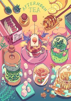 an illustration of tea and other items on a table