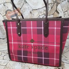 () Ella Plaid Tote Bright Rose Black Bag Handbag Zip Top Purse Kate Spade Dust Bag Not Included Nwt (New With Tag) () No Trades, No Dust Bag More Details: Authentic Fabric Exterior With Canvas Lining Printed Logo On Plaid Leather Trim & Handles Zip Top Closure Interior Zip Pocket Double Handles With 8.5" Drop 17" X 11" X 7" Please No Lowball Offers Tan Coated Canvas Rectangular Satchel, Designer Red Coated Canvas Bag, Square Coated Canvas Bag With Top Carry Handle, Burgundy Rectangular Bag With Handles, Classic Red Coated Canvas Shoulder Bag, Red Top Handle Shoulder Bag In Coated Canvas, Red Coated Canvas Satchel Shoulder Bag, Red Coated Canvas Top Handle Shoulder Bag, Square Tan Travel Bag