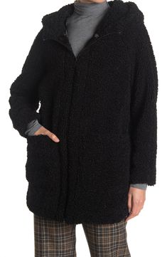 Stay warm in this soft, midweight faux shearling parka featuring an attached hood and patch pockets for cozy-chic style. 33.25" length Attached hood Funnel neck Long sleeves Front zip closure Front patch pockets Faux shearling construction Lined Curved high/low hem Faux shearling shell: 100% polyester/lining: 100% polyester Dry clean Imported Model’s stats for sizing: 5’10” height, 34” bust, 24” waist, 35” hips. Black Hooded Sherpa Fleece Jacket, Casual Black Fur Coat With Faux Fur Lining, Cozy Black Sherpa Outerwear, Hooded Faux Fur Outerwear With Pockets, Black Sherpa Outerwear, Casual Black Fur Coat For Cold Weather, Cozy Black Outerwear With Faux Fur Trim, Hooded Sherpa Outerwear With Faux Fur Trim, Casual Fur Coat With Fleece Lining For Cold Weather