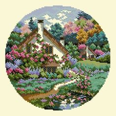 a cross stitch picture of a house and flowers