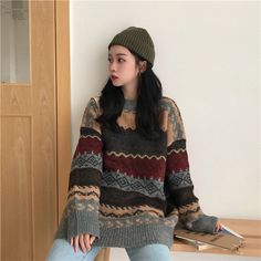 Product information: Fabric name: chemical fiber blendedMain fabric composition: polyester fiber (polyester)Style: VintagePattern: GeometrySweater Technology: KnittingStyle: HedgingEdition type: LooseLength: Short style (40cm＜length≤50cm)Collar type: round neckSleeve length: long sleevePopular elements: stitchingColor: light card color, dark gray Size Information:Size: one size Size（Unit：cm） Length Bust Sleeve One size 65 112 50 Note:1. Asian sizes are 1 to 2 sizes smaller than European and American people. Choose the larger size if your size between two sizes. Please allow 2-3cm differences due to manual measurement.2. Please check the size chart carefully before you buy the item, if you don't know how to choose size, please contact our customer service.3.As you know, the different comput Harajuku Clothes, Womens Ripped Jeans, Outfits Retro, Winter Knit Sweater, Y2k Sweater, Grandpa Sweater, Chic Sweaters, Cold Weather Outfits, Print Sweater