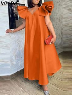 2023-Women-Summer-Party-Satin-Dress-Sexy-V-Neck-Long-Maxi-Sundress-VONDA-Elegant-Short-Sleeve Plus Size Satin Dress, Hubble Bubble, Party Maxi Dress, Casual Maxi Dress, Evening Dresses With Sleeves, Maxi Sundress, Dress Sleeve Styles, Bubble Sleeve, Half Sleeve Dresses