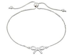 Sterling Silver Bow Bolo Bracelet. Measures approximately 5/16 of an inch in width and has an adjustable slide closure. Sliding Knot Metal Bracelets, Elegant Metal Jewelry With Sliding Knot, Casual Silver Adjustable Chain Bracelet, Silver Jewelry With Adjustable Clasp, Elegant Silver Jewelry With Sliding Knot, Silver Bracelet With Adjustable Clasp, Elegant Adjustable Bracelet With Sliding Knot, Casual Silver Bracelets With Adjustable Chain, Casual Silver Bracelet With Adjustable Chain