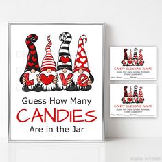 two business cards with gnomes on them and the words guess how many candles are in the jar