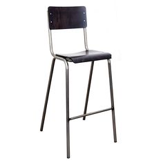 a black stool with a metal frame and back rests against a white background in this image